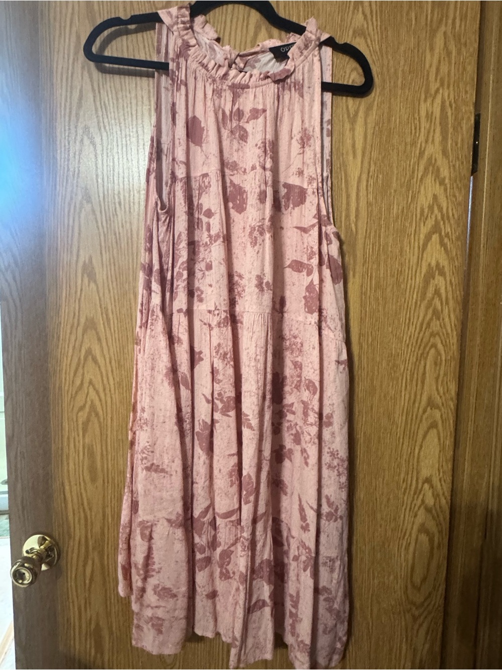 Oddi Size 1X Pink Floral Sleeveless Ruffle Neck Mini Dress